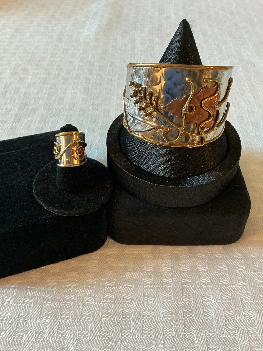 Grapevine Cuff Artisan Silver and Copper Tone Adjustable Cuff and Ring Set
